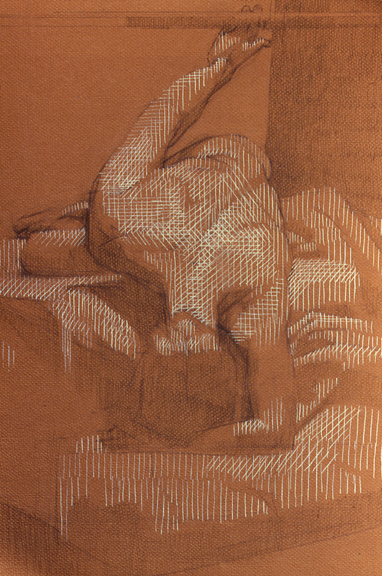 Female Nude Bent Forward on Brown Paper