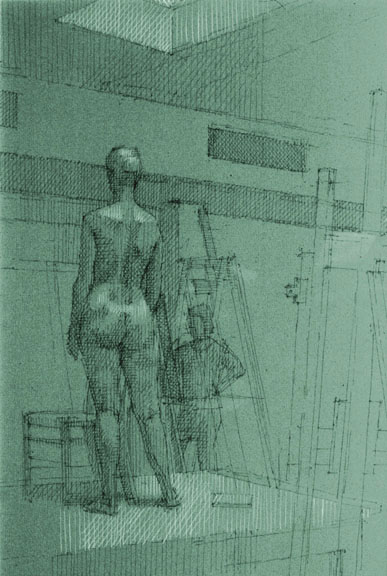 Standing Female Nude on Green Paper Rear View