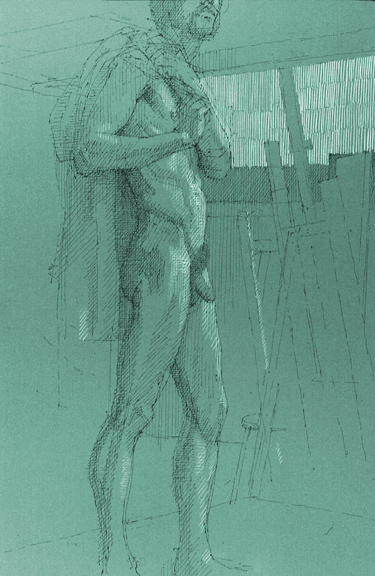 Standing Male Nude on Green Paper